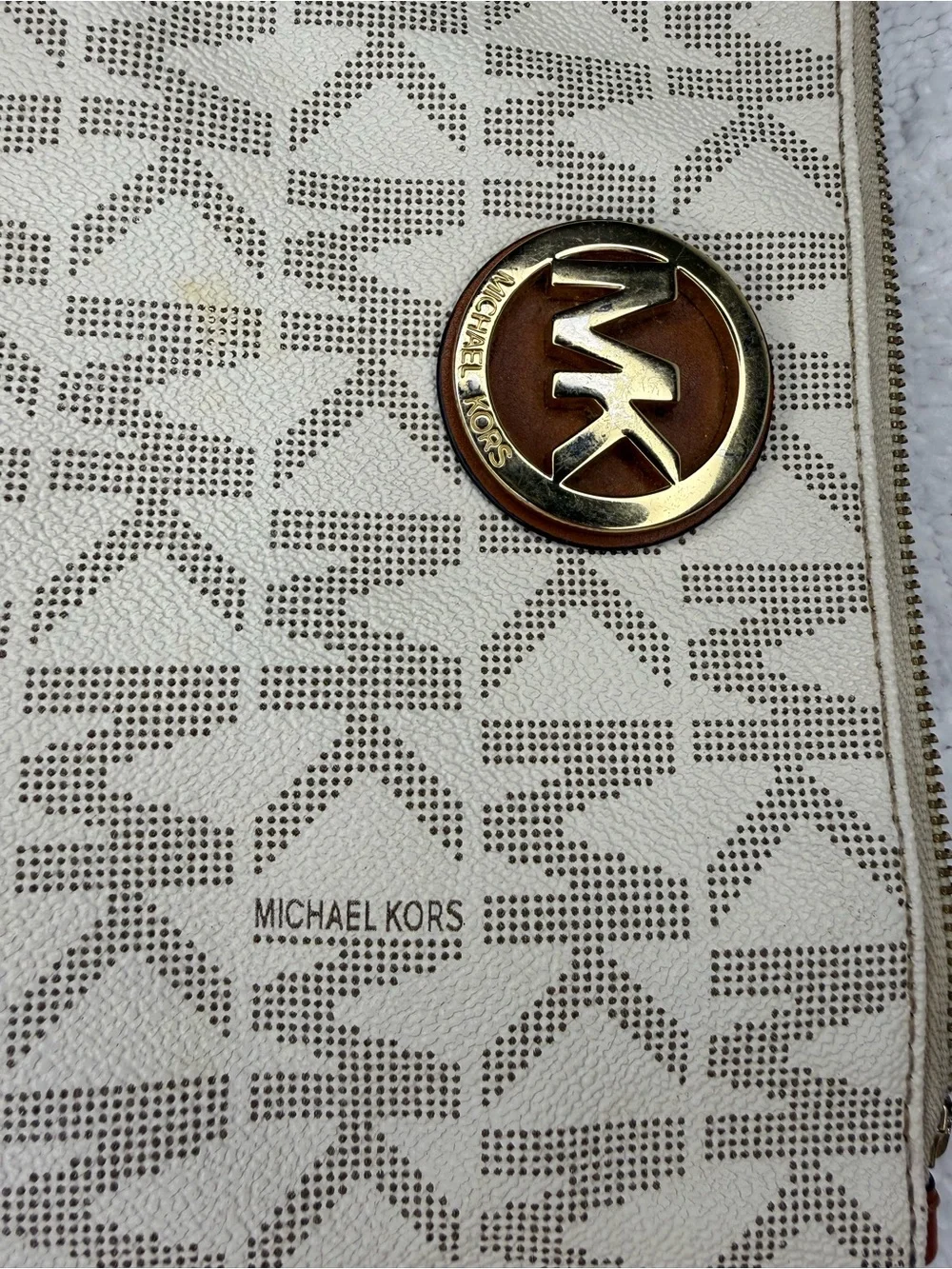 Michael Kors Vanilla MK Signature Wristlet Brown Trim Gold Logo Clutch